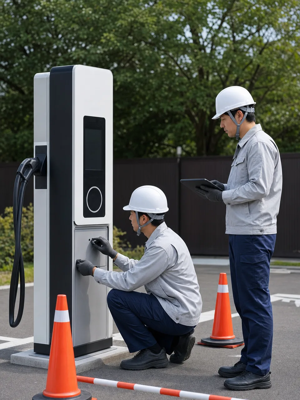 EV充電設備を点検する日本人技術者（自然な縦位置写真）。EV充電設備、電気自動車、充電スタンド、設備点検の記事や案内に使える商用素材です。
