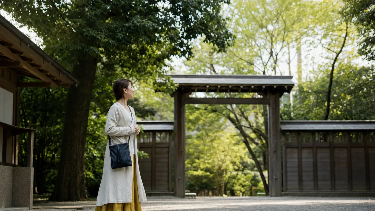 神社を訪れる日本人旅行者（横長・コピースペース）。神社、参拝、日本文化、国内旅行の記事に使える素材です。