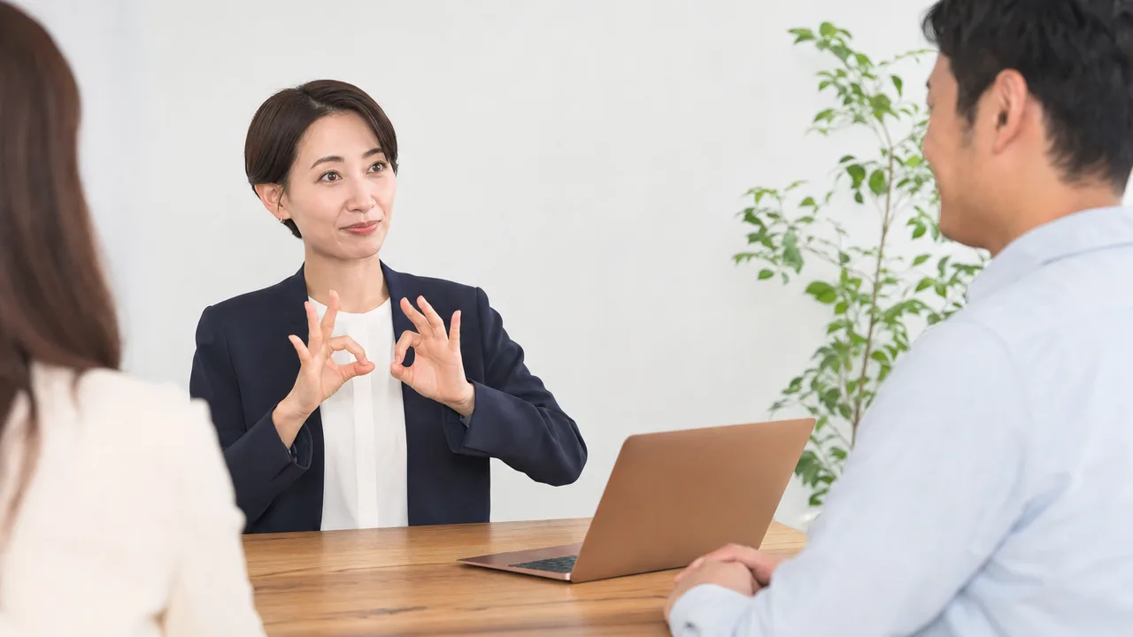 手話通訳をする日本人専門職（横長・コピースペース）。手話通訳者、手話通訳、日本手話、聴覚障害の記事や案内に使える商用素材です。