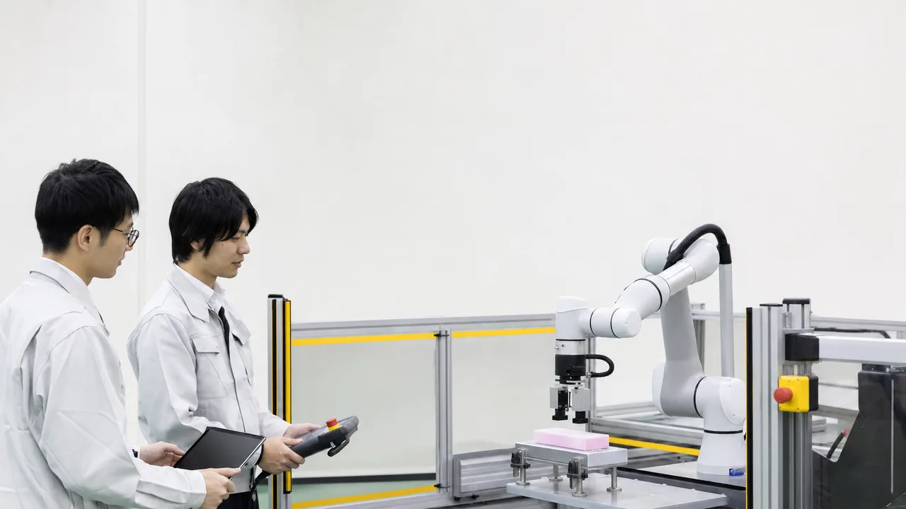 協働ロボットの安全を検証する日本人技術者（横長・コピースペース）。協働ロボット、ロボット安全、製造業、安全試験の記事や案内に使える商用素材です。
