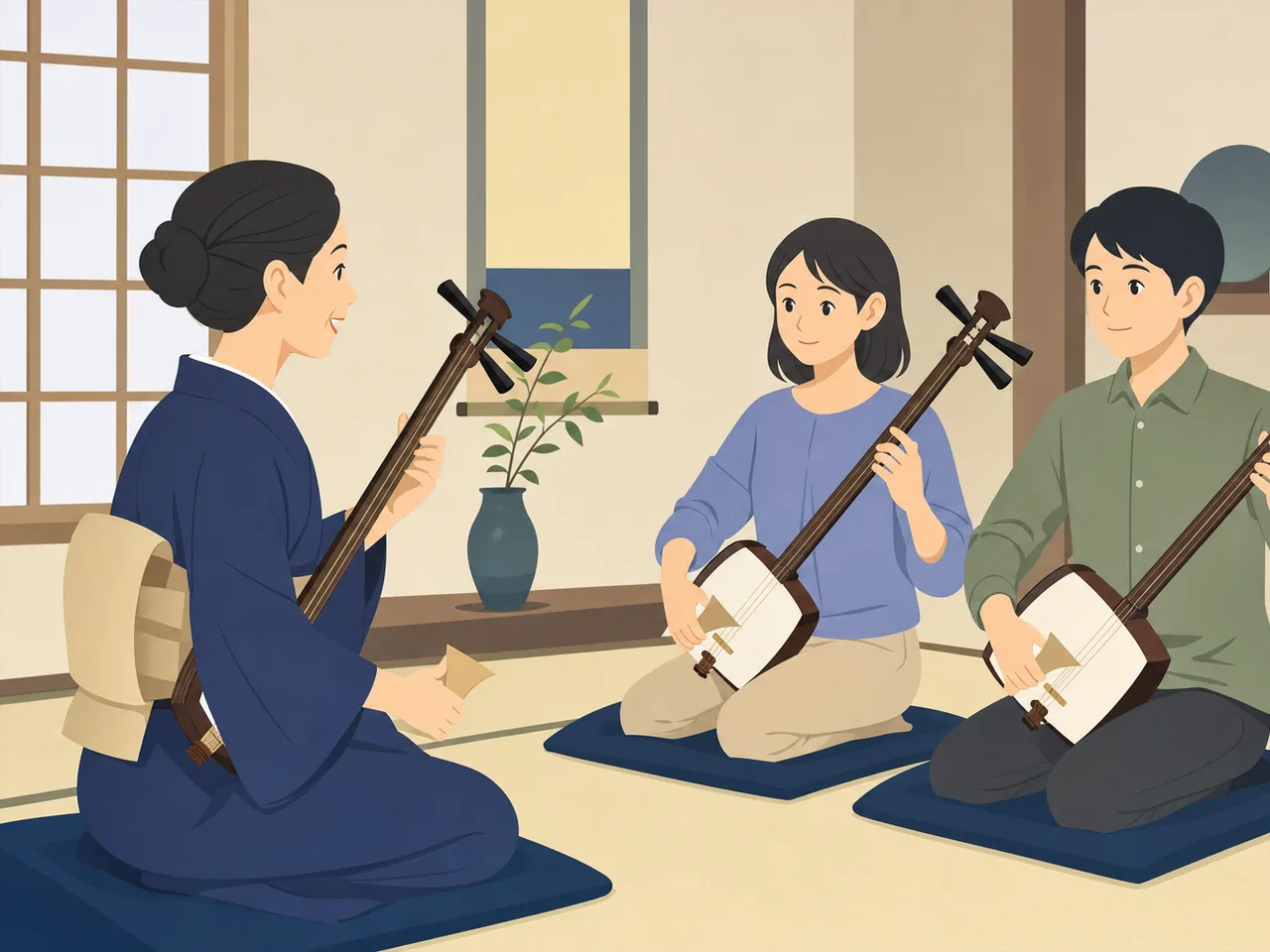 三味線を学ぶ日本人（フラットイラスト）。三味線、伝統音楽、楽器教室、日本文化の記事や案内に使える商用素材です。