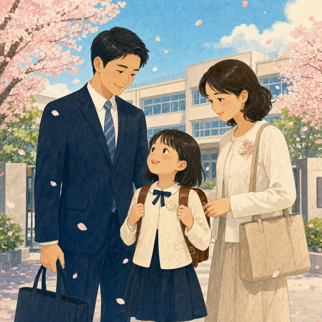 小学校の入学式を迎える親子（編集記事向け）。春、学校、子育て、自治体の案内に使える、日本の入学式の親子素材です。
