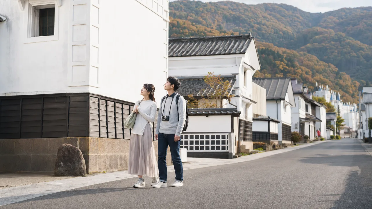 福島の会津の町を巡る旅行者（横長・コピースペース）。福島旅行、会津、蔵の町、東北旅行の記事や案内に使える商用素材です。