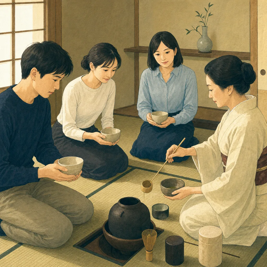 茶道を学ぶ日本人（編集記事向け）。茶道、茶の湯、日本文化、伝統文化の記事や案内に使える商用素材です。