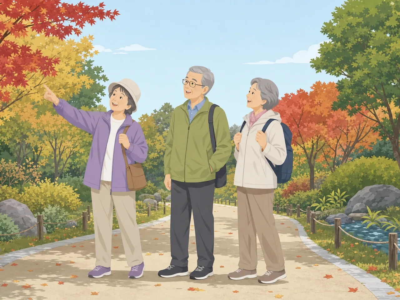 散歩を楽しむ日本人シニアの友人（フラットイラスト）。シニアの友人、友情、散歩、健康的な日常の記事向け素材です。