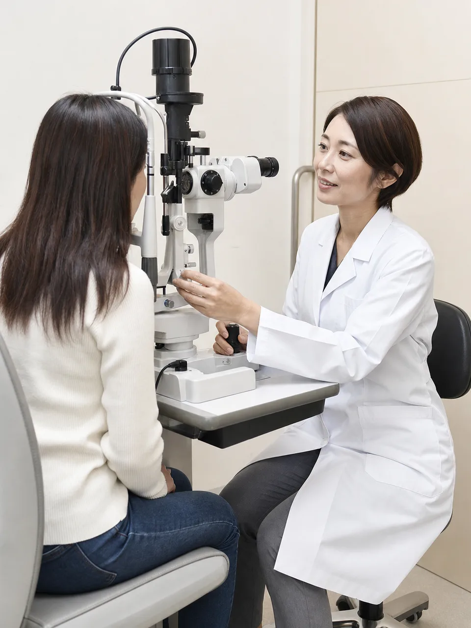 眼科で検査を受ける日本人患者（自然な縦位置写真）。眼科、視力検査、目の健康、医療の記事向け素材です。