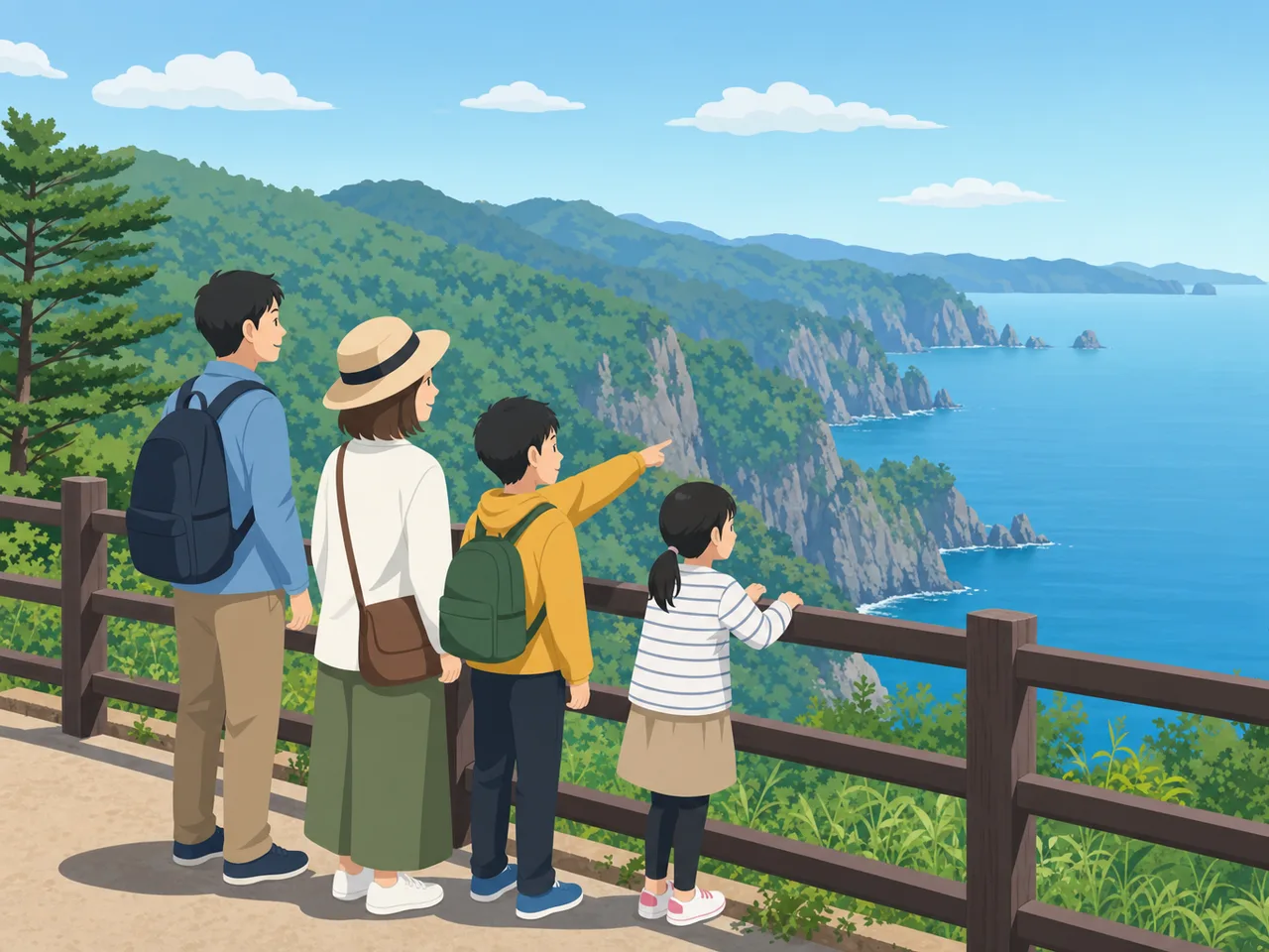 岩手の三陸海岸を眺める旅行者（フラットイラスト）。岩手旅行、三陸海岸、東北旅行、海岸風景の記事や案内に使える商用素材です。