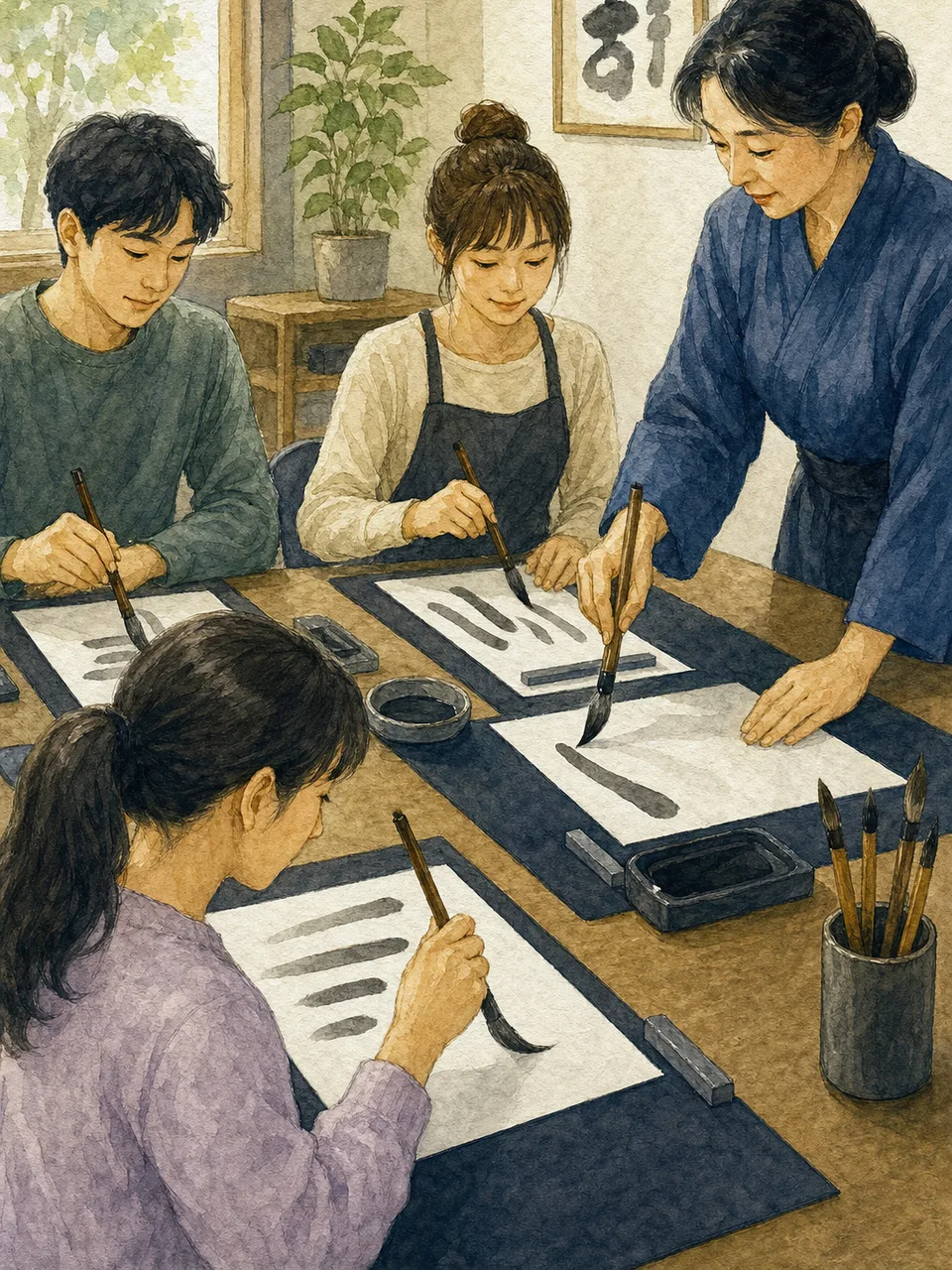 書道教室で筆を学ぶ日本人（手描き水彩）。書道教室、習字、日本文化、習い事の記事向け素材です。