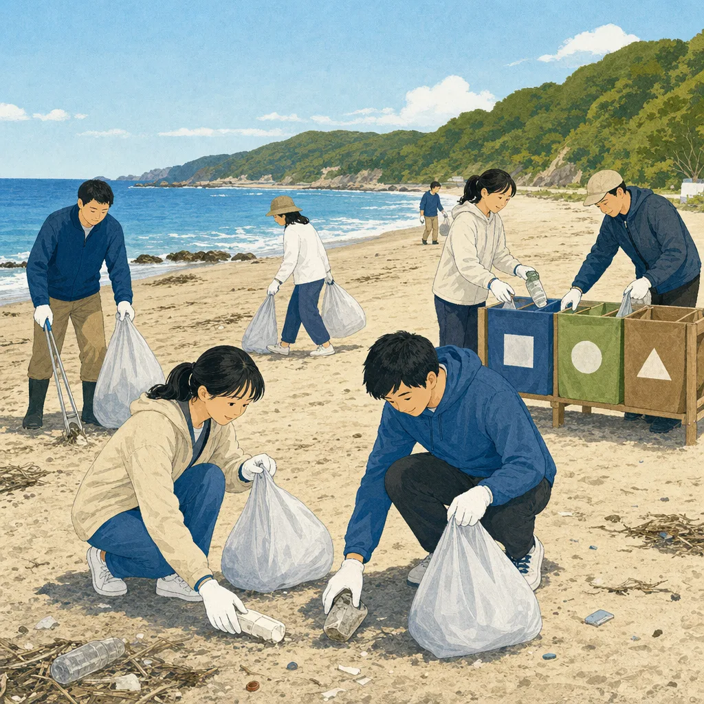 海岸清掃に参加する日本人（編集記事向け）。海岸清掃、ビーチクリーン、環境ボランティア、海洋ごみの記事や案内に使える商用素材です。