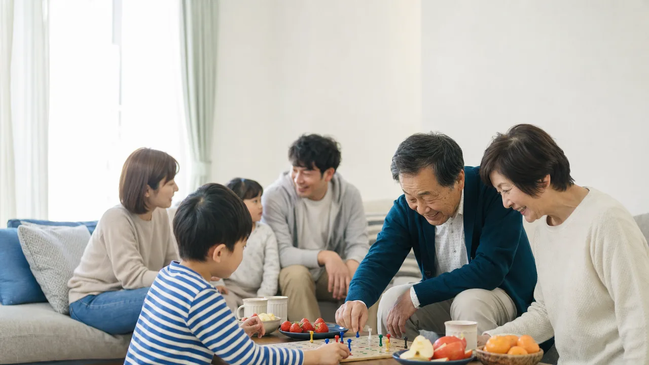 家族団らんを楽しむ日本人（横長・コピースペース）。家族団らん、三世代、休日、リビングの記事向け素材です。