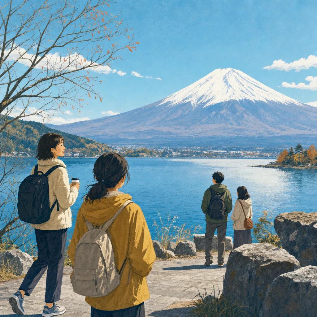 富士山を眺める日本人旅行者（編集記事向け）。富士山、国内観光、自然旅行、地域プロモーションに使える風景素材です。