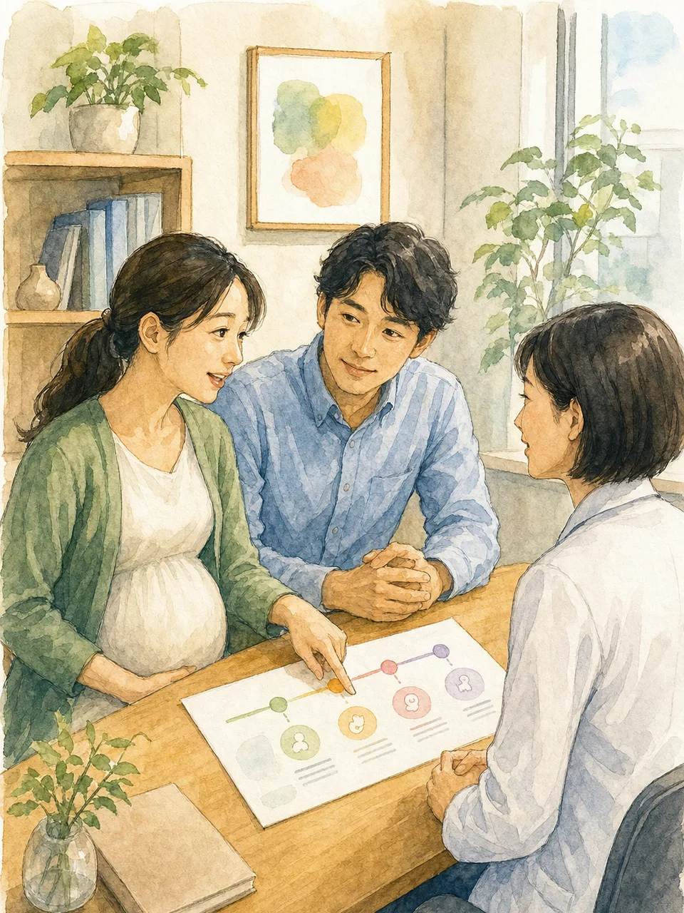 産婦人科で相談する日本人妊婦（手描き水彩）。産婦人科、妊婦健診、妊娠、医療相談の記事向け素材です。