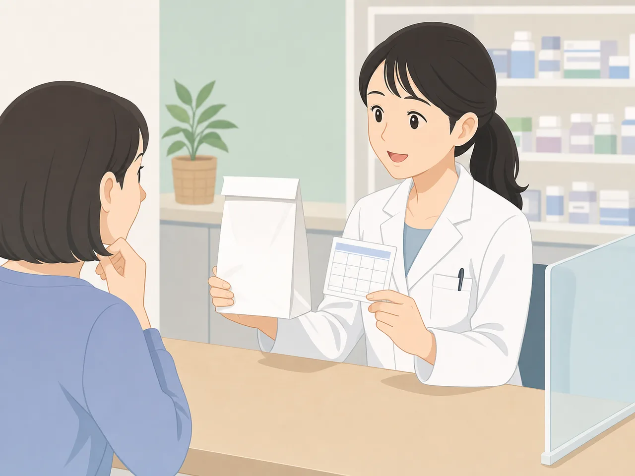 調剤薬局で説明する日本人薬剤師（フラットイラスト）。調剤薬局、薬剤師、服薬説明、地域医療の記事向け素材です。