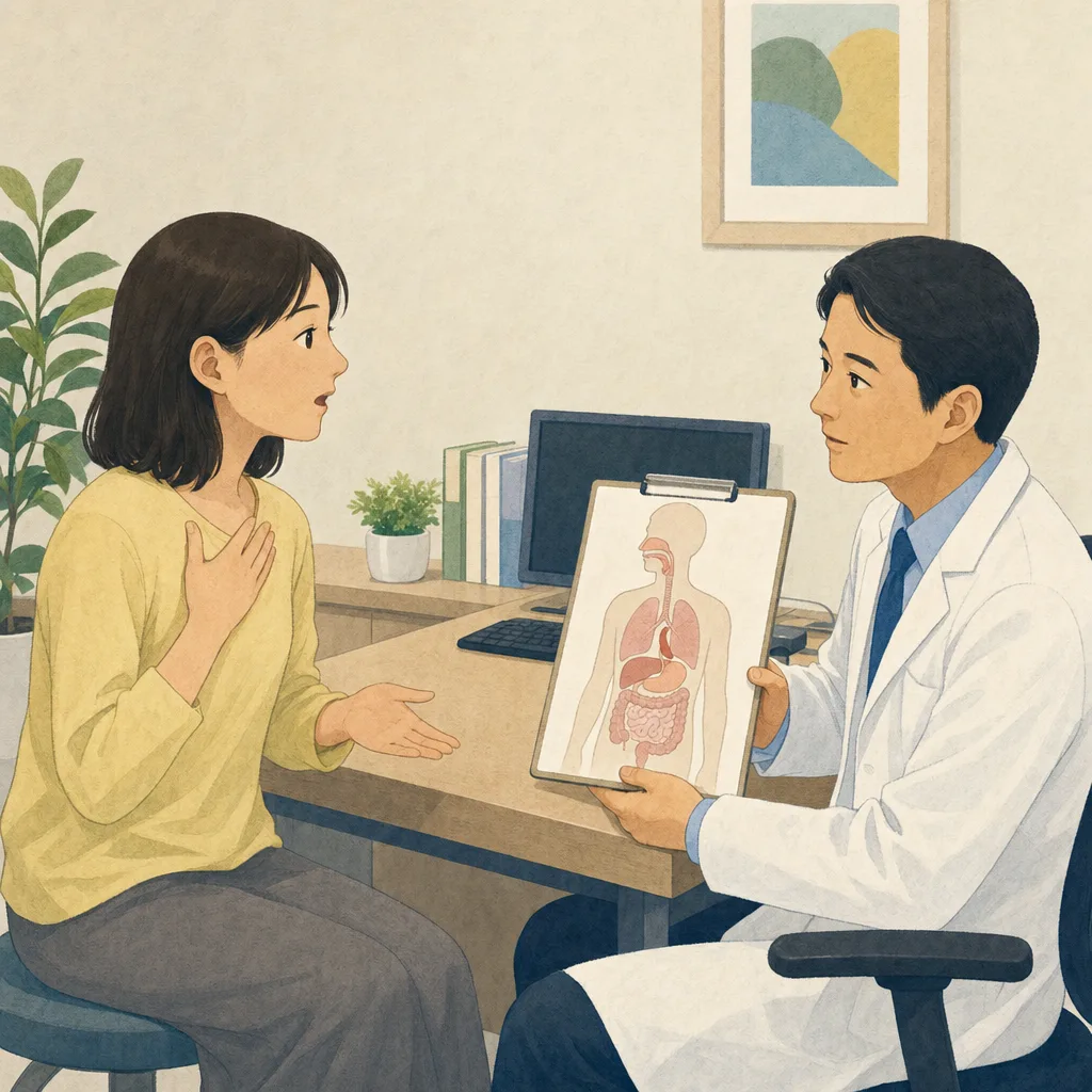 内科で相談する日本人患者（編集記事向け）。内科、かかりつけ医、診察、健康相談の記事向け素材です。