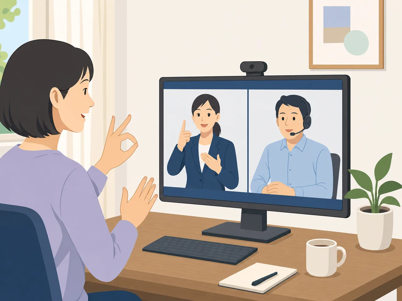 ビデオ通話で手話を使う日本人（フラットイラスト）。ビデオリレーサービス、手話、ろう者、聴覚障害の記事や案内に使える商用素材です。