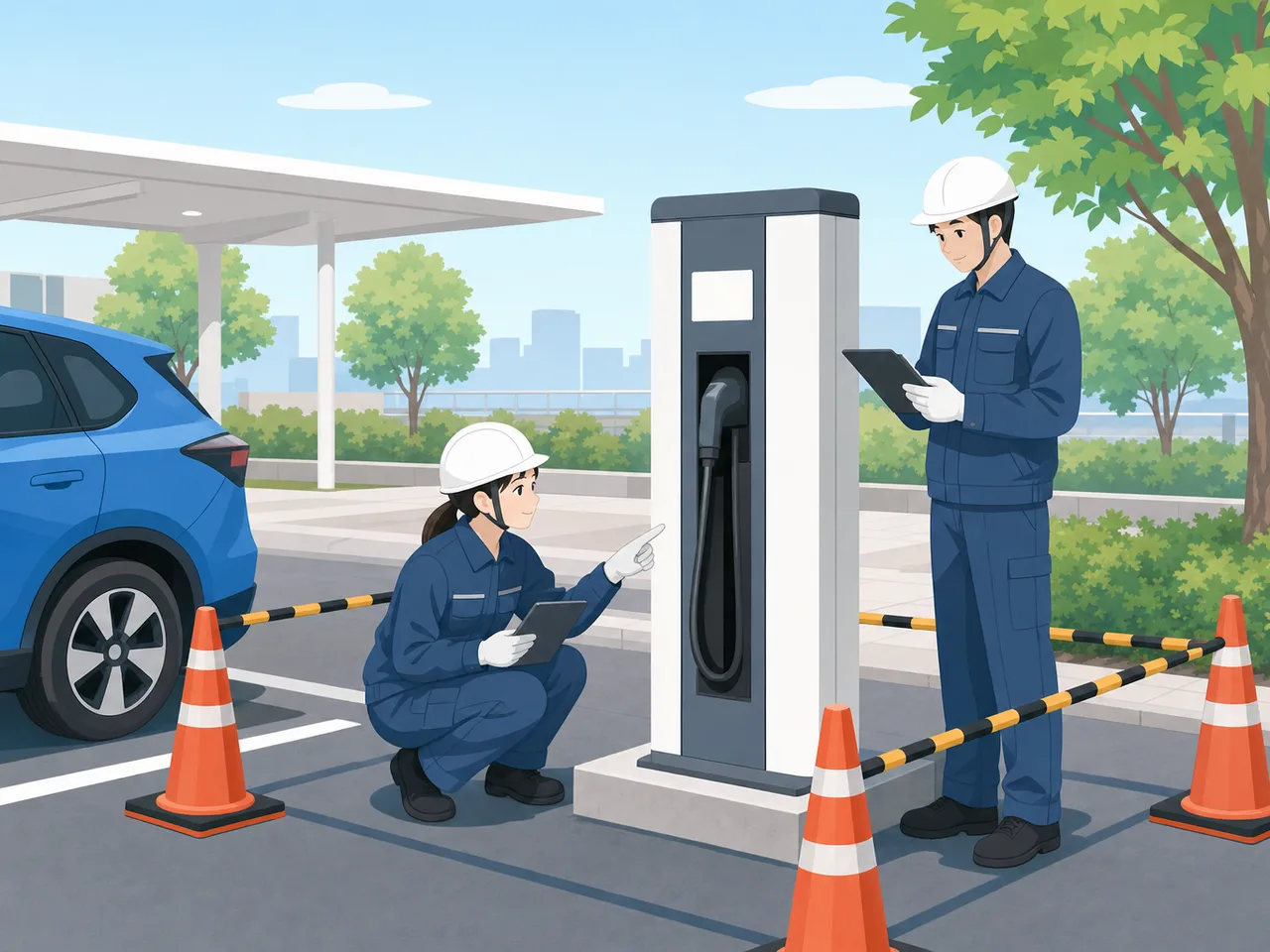EV充電設備を点検する日本人技術者（フラットイラスト）。EV充電設備、電気自動車、充電スタンド、設備点検の記事や案内に使える商用素材です。