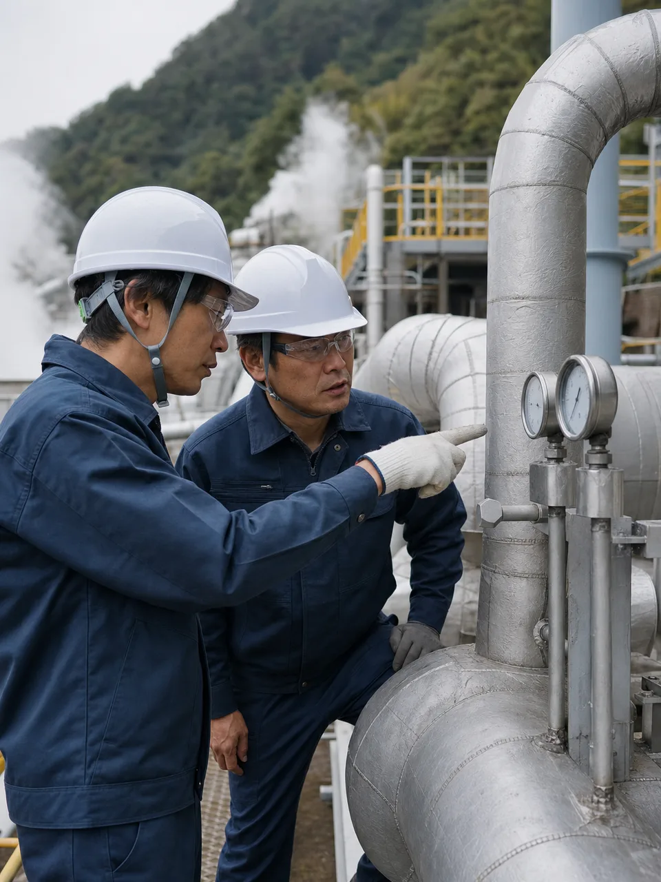 地熱発電所を監視する日本人技術者（自然な縦位置写真）。地熱発電、再生可能エネルギー、発電所、設備点検の記事や案内に使える商用素材です。