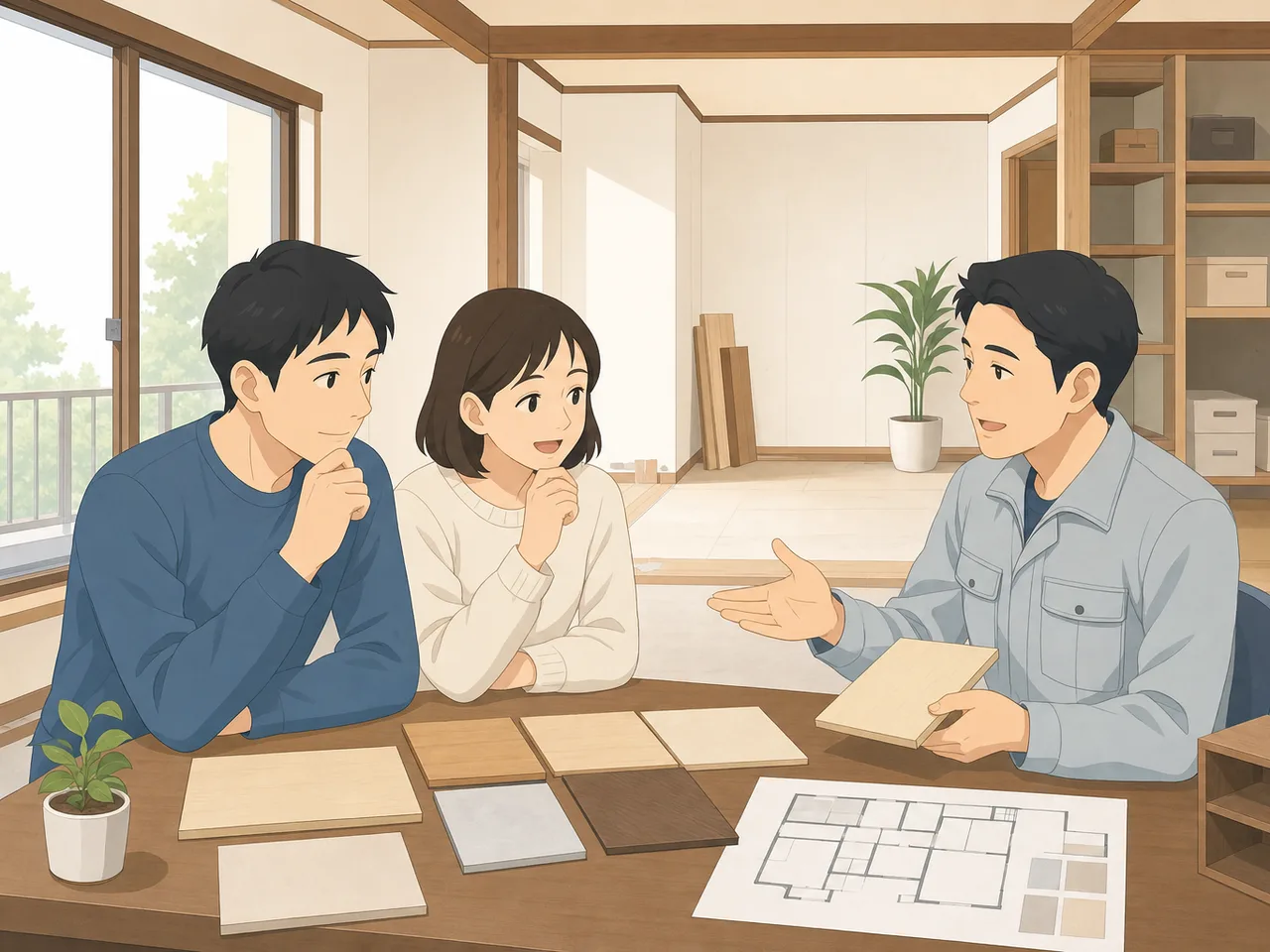リノベーションを相談する日本人（フラットイラスト）。リノベーション、住宅改修、住まい、設計相談の記事向け素材です。