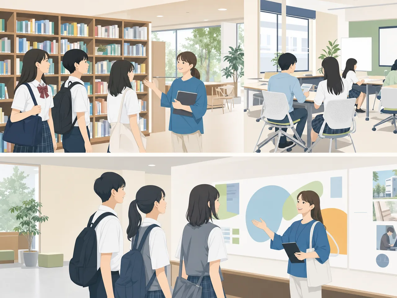 オープンキャンパスを見学する日本人高校生（フラットイラスト）。オープンキャンパス、大学選び、高校生、進路の記事向け素材です。