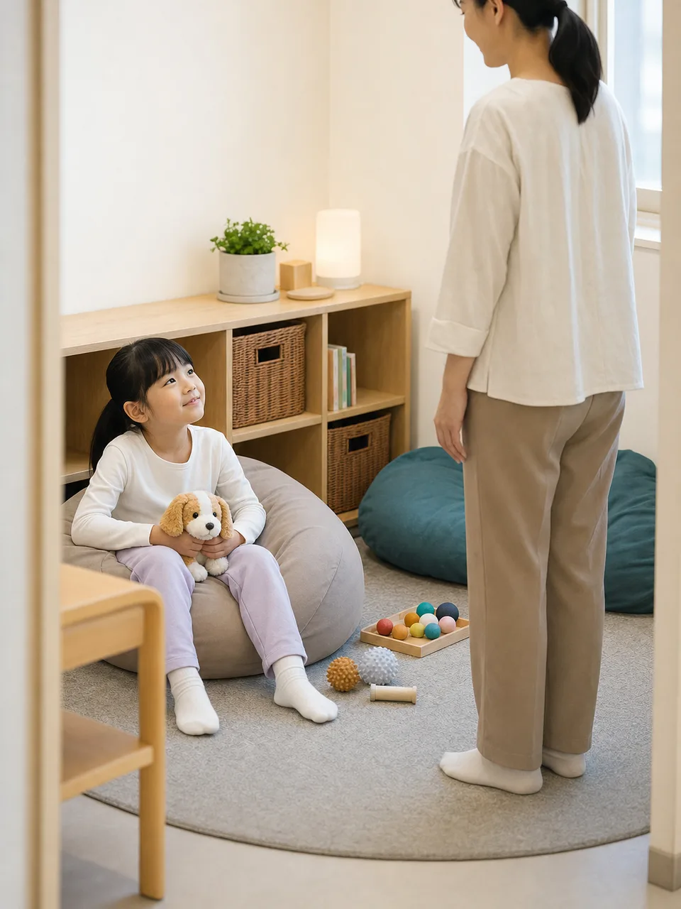 感覚休憩を選ぶ日本人の子ども（自然な縦位置写真）。感覚休憩、特別支援教育、合理的配慮、子どもの記事や案内に使える商用素材です。