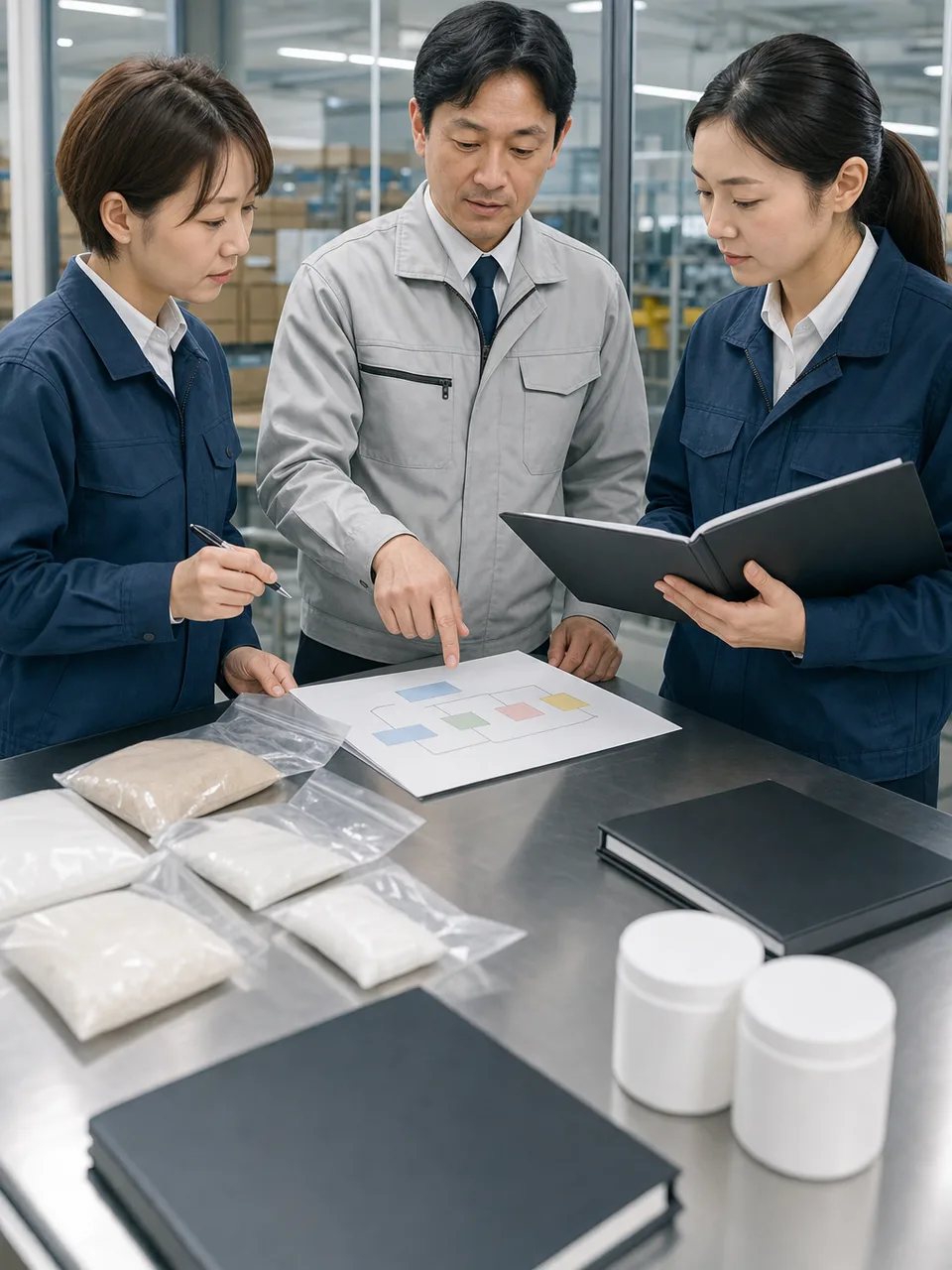 内部監査の確認を行う日本人チーム（自然な縦位置写真）。内部監査、監査、業務確認、証跡の記事や案内に使える商用素材です。