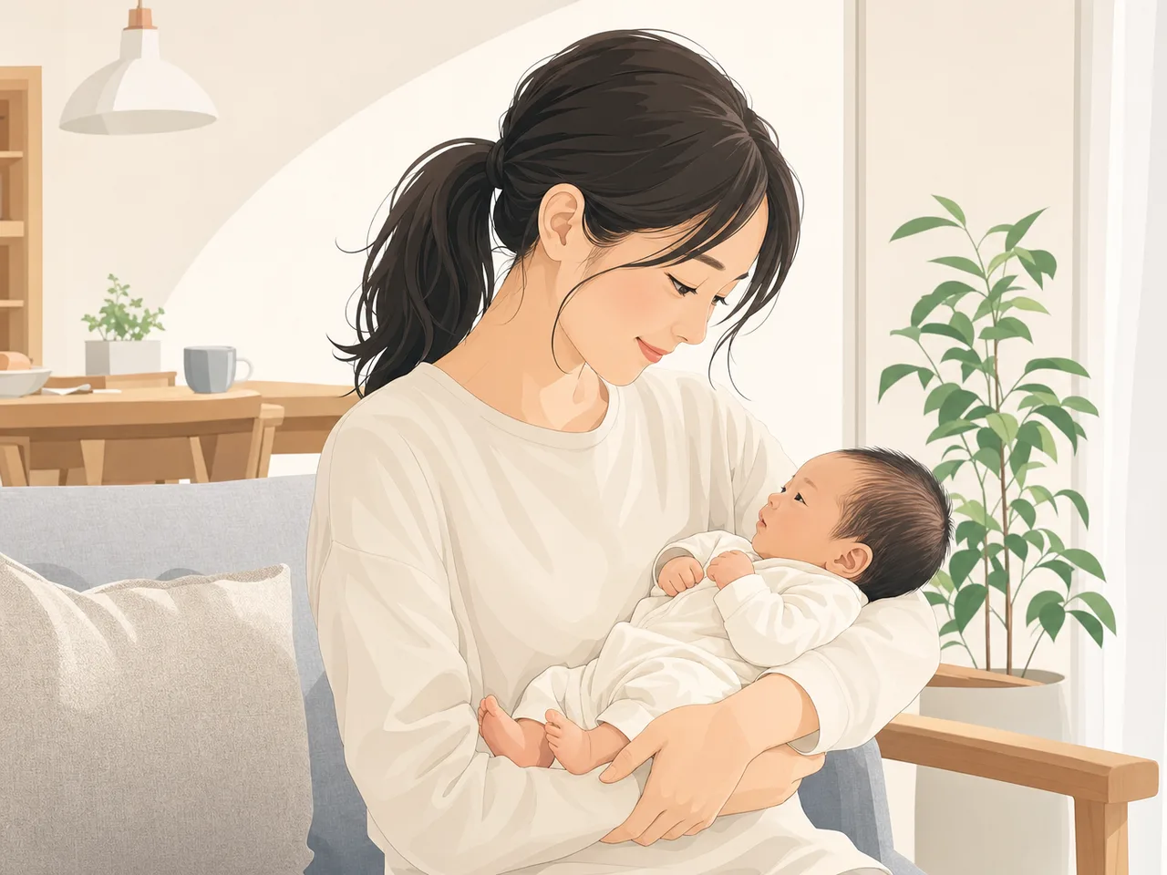 赤ちゃんを抱く日本人の母親（フラットイラスト）。育児、出産、家族向けサービスの案内に使いやすい、母親と新生児の自然な日常素材です。