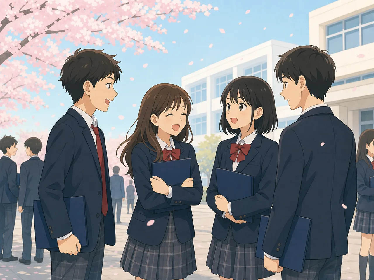 卒業式を終えた日本人学生（フラットイラスト）。卒業、進路、学校、採用広報に使える、式後の学生たちの自然な素材です。
