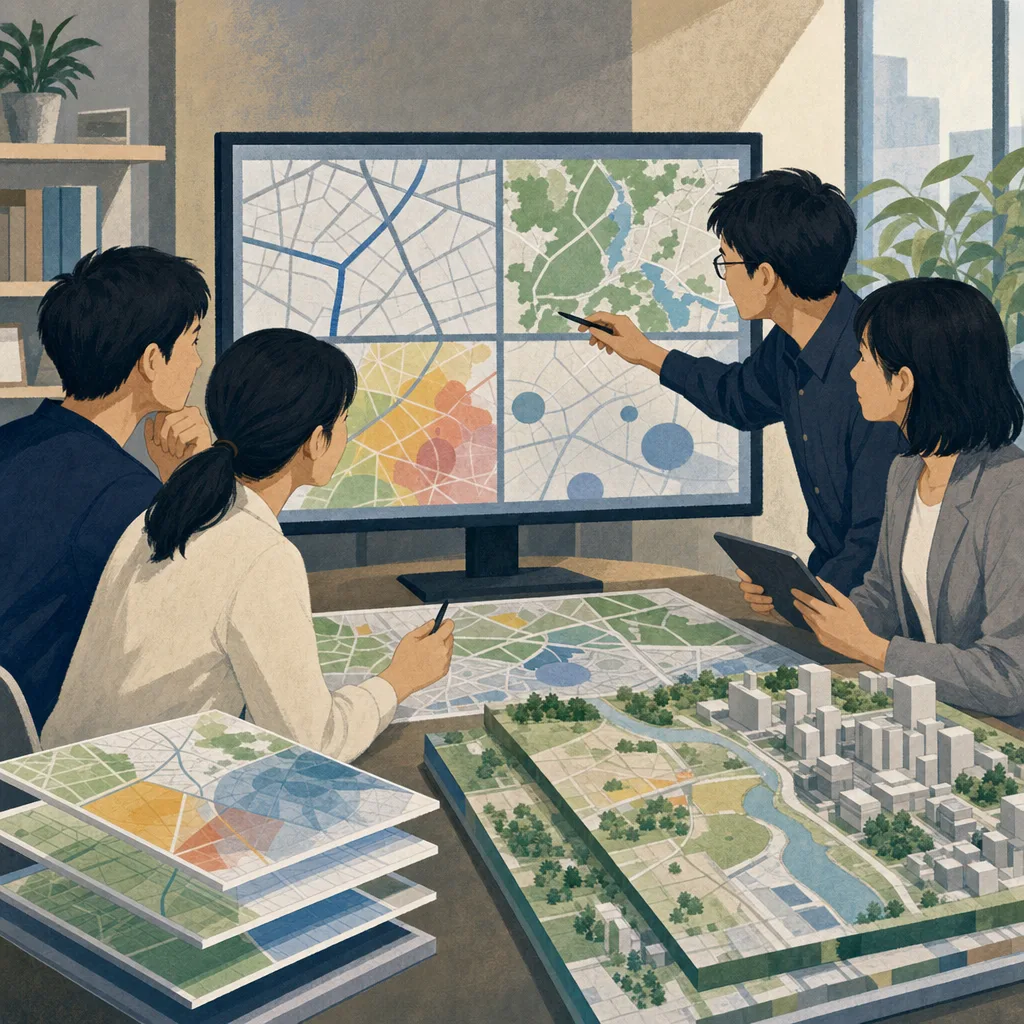 地理情報を分析する日本人GIS担当者（編集記事向け）。GIS、地理情報システム、都市計画、地図の記事や案内に使える商用素材です。