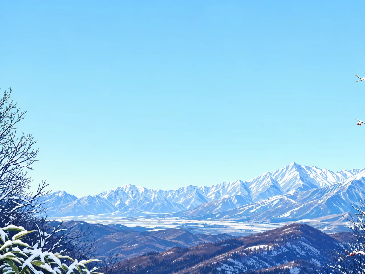冬の日本の雪山（フレームイラスト）。雪山、冬山、雪景色、自然風景向け素材です。