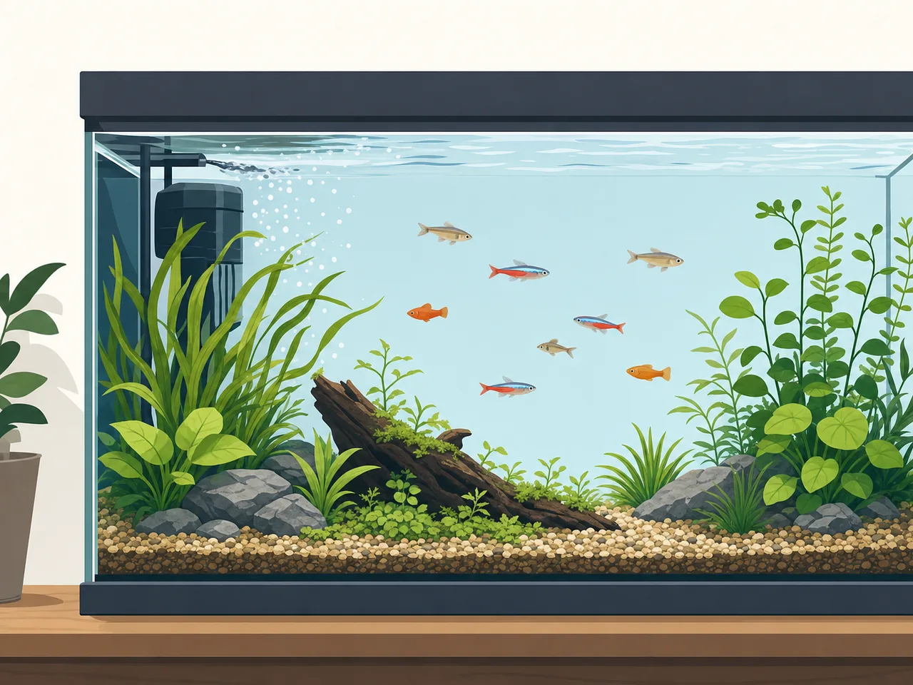 水草のある淡水アクアリウム（フラットイラスト）。淡水魚、アクアリウム、水草水槽、観賞魚の記事や案内に使える商用素材です。