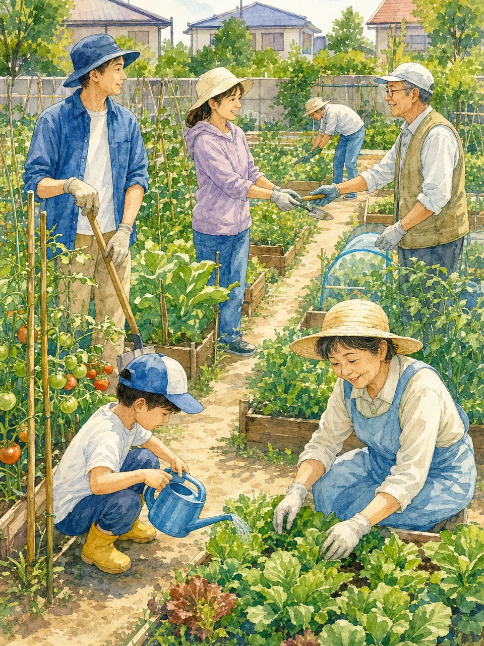 市民農園を楽しむ日本人（手描き水彩）。市民農園、家庭菜園、地域交流、野菜作りの記事や案内に使える商用素材です。