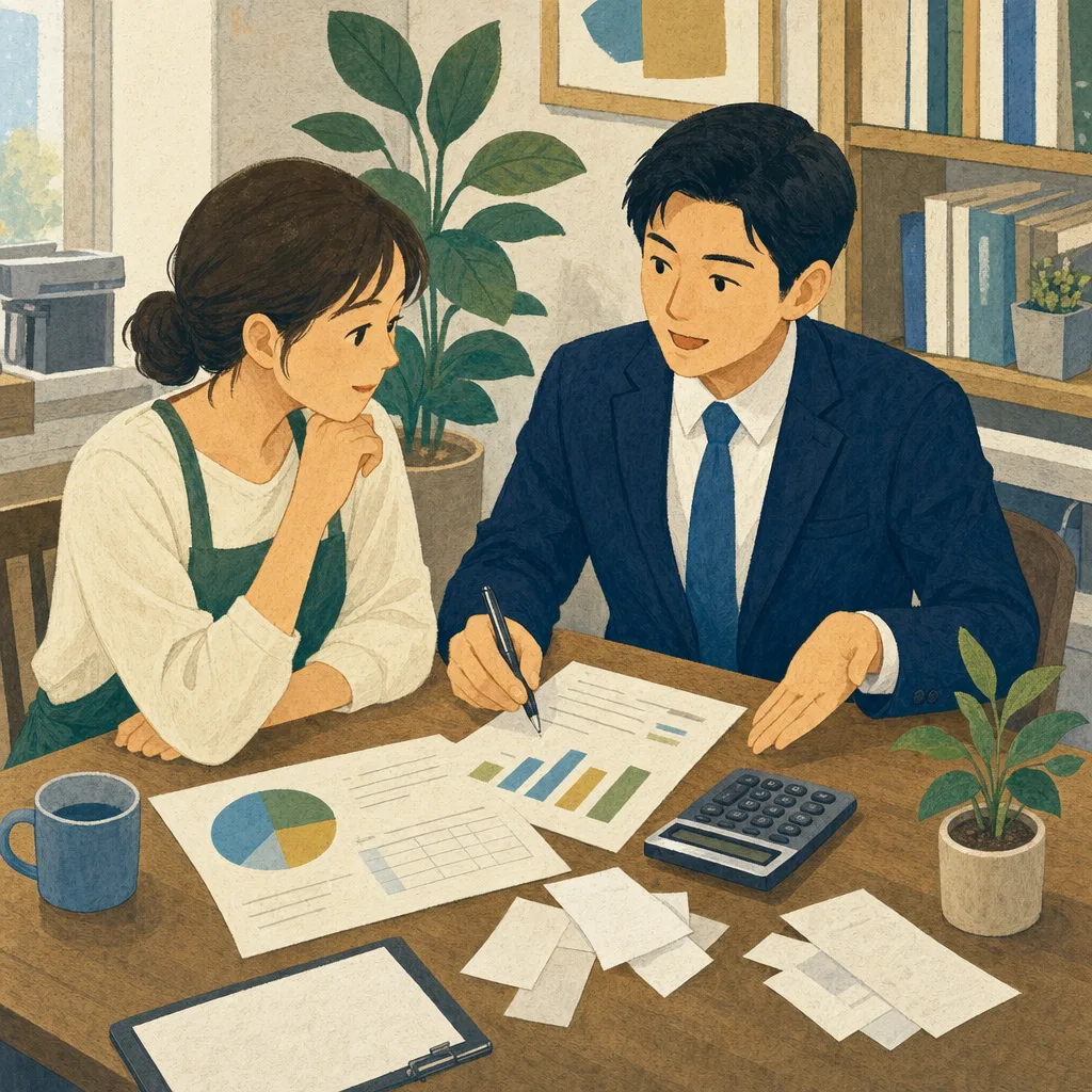 事業者に助言する日本人税理士（編集記事向け）。税理士、確定申告、会計、経営相談の記事に使える素材です。