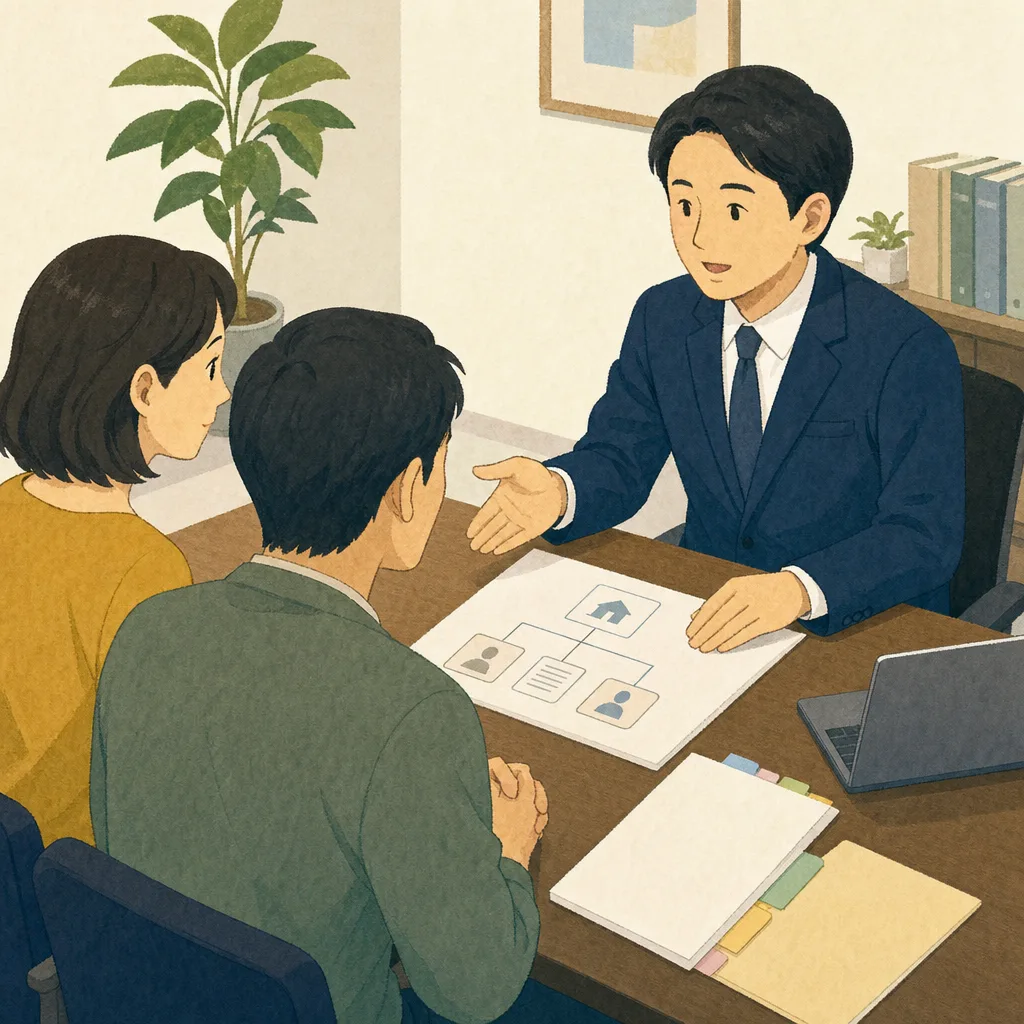 司法書士に相談する日本人（編集記事向け）。司法書士、登記、相続手続き、法律相談の記事向け素材です。