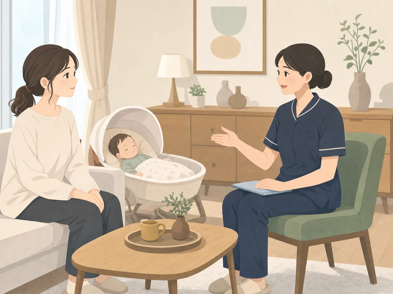 産後健診を受ける日本人の母親（フラットイラスト）。産後健診、産後ケア、母親支援、助産師の記事や案内に使える商用素材です。