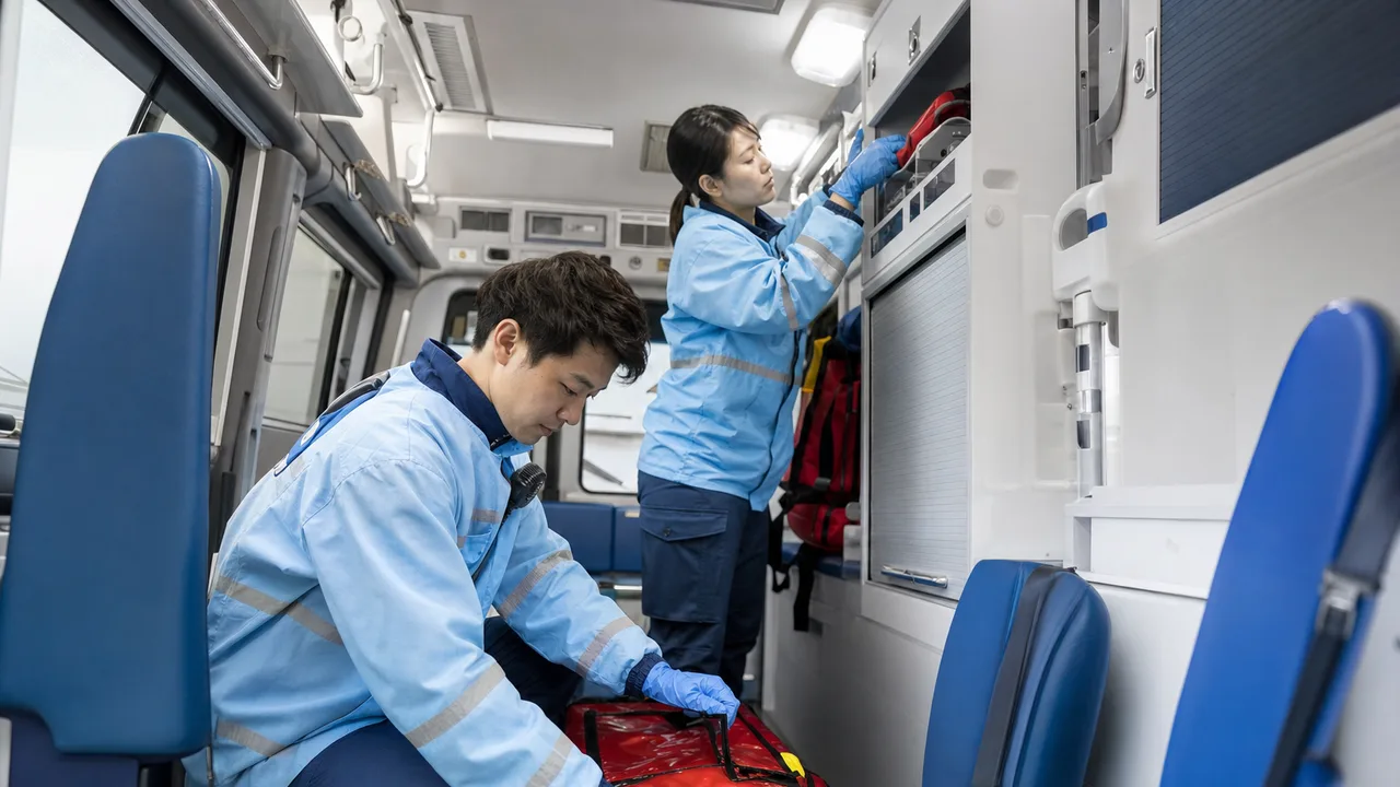 救急車の装備を点検する日本人救急救命士（横長・コピースペース）。救急救命士、救急、装備点検、地域医療の記事向け素材です。