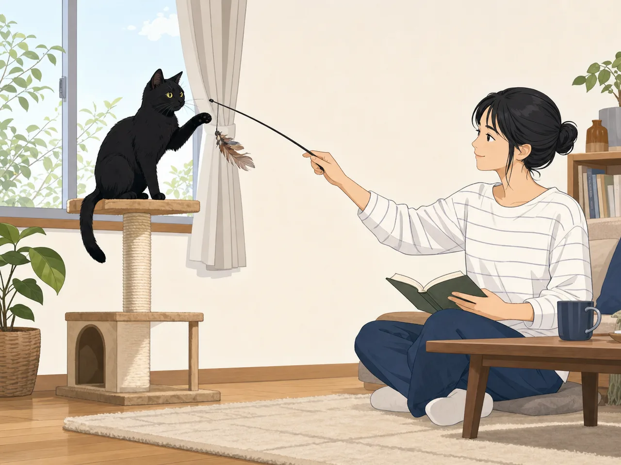 黒猫と暮らす日本人（フラットイラスト）。黒猫、猫、ペットとの暮らし、日常の記事向け素材です。