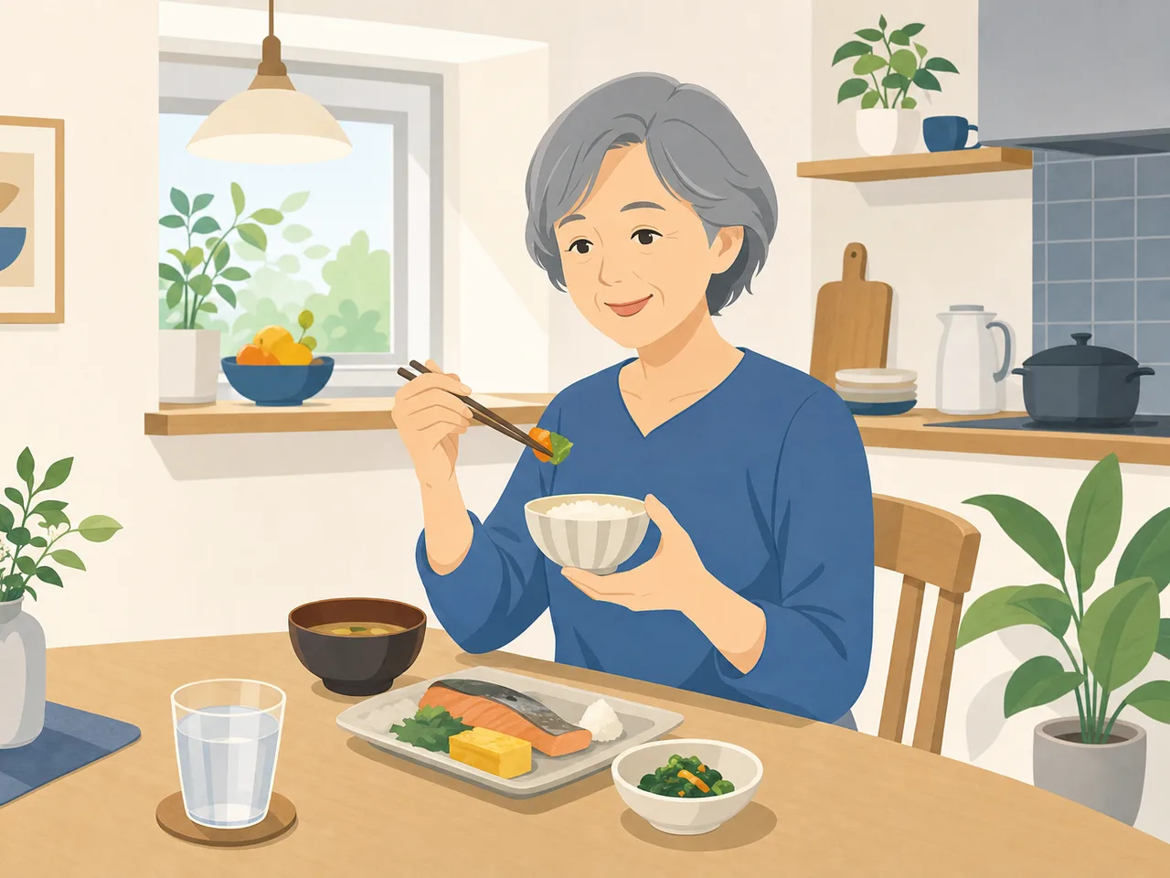 一人暮らしの日本人シニアの食卓（フラットイラスト）。シニア一人暮らし、高齢者の食事、自立生活、一人ごはんの記事や案内に使える商用素材です。