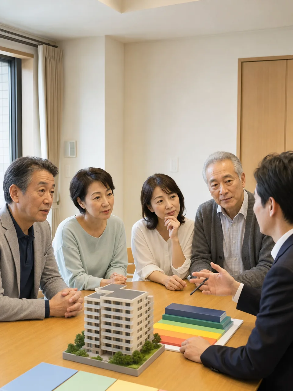 マンション修繕積立を話し合う日本人（自然な縦位置写真）。修繕積立金、マンション管理、大規模修繕、管理組合の記事や案内に使える商用素材です。