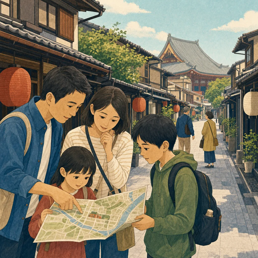 浅草の街歩きを楽しむ日本人旅行者（編集記事向け）。浅草、東京旅行、下町、街歩きの記事向け素材です。