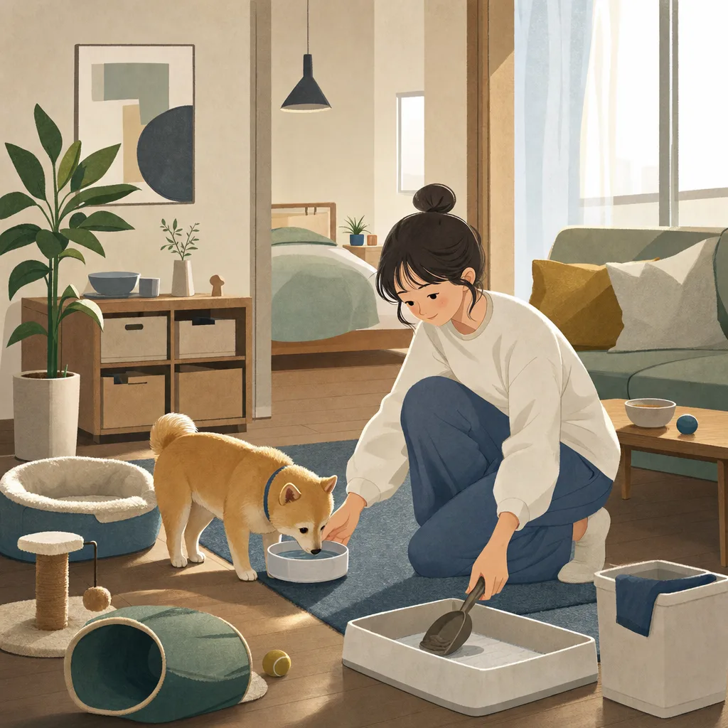 集合住宅でペットと暮らす日本人（編集記事向け）。集合住宅のペットケア、マンションでのペット習慣、ペットとの暮らし、マンションの記事や案内に使える商用素材です。