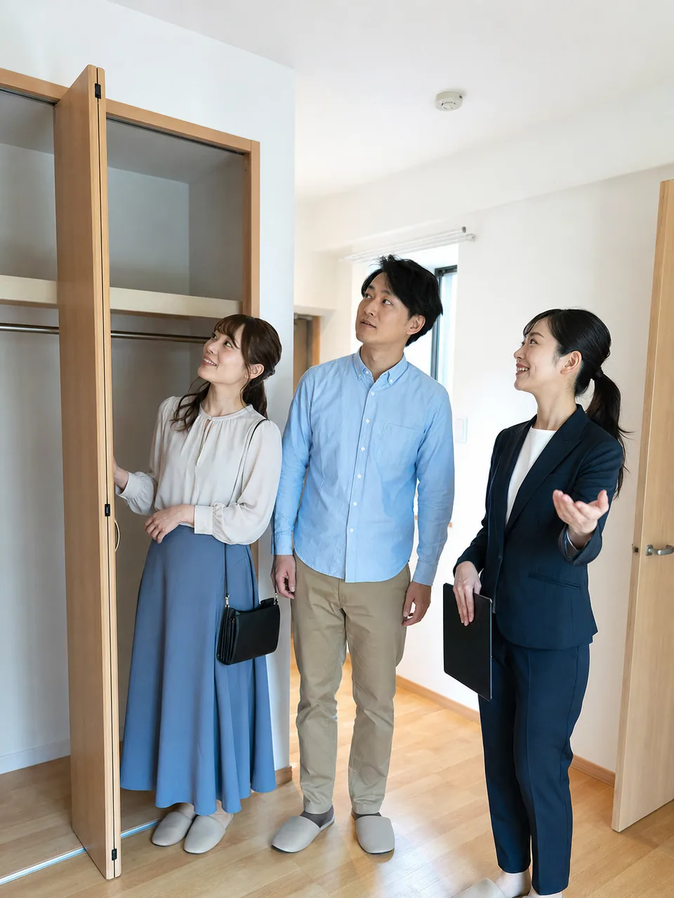 賃貸住宅を内見する日本人カップル（自然な縦位置写真）。不動産、賃貸、引越し、住まい探しのサービス紹介に適した素材です。