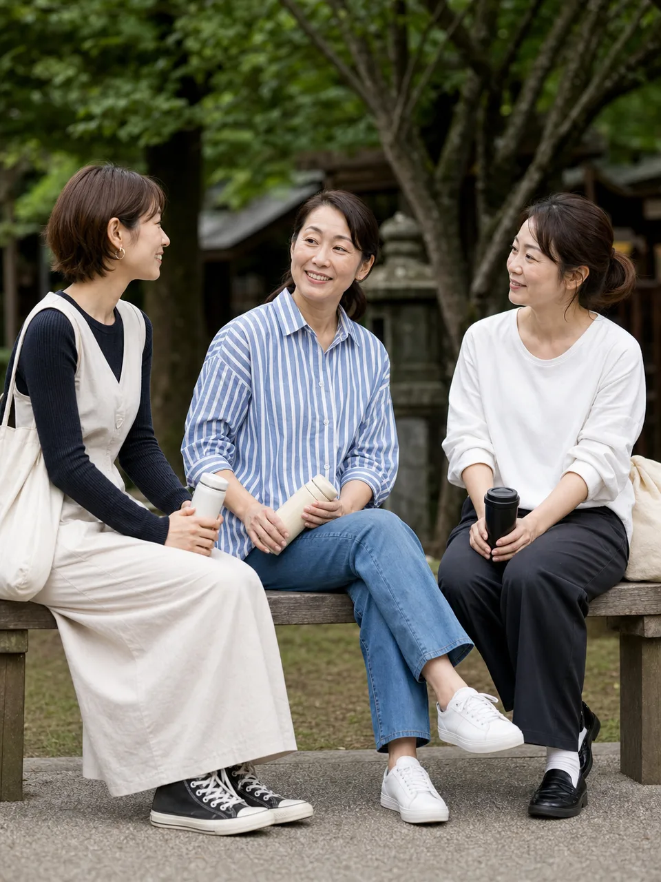 会話を楽しむ日本人の女友達（自然な縦位置写真）。女友達、友情、会話、休日の記事向け素材です。