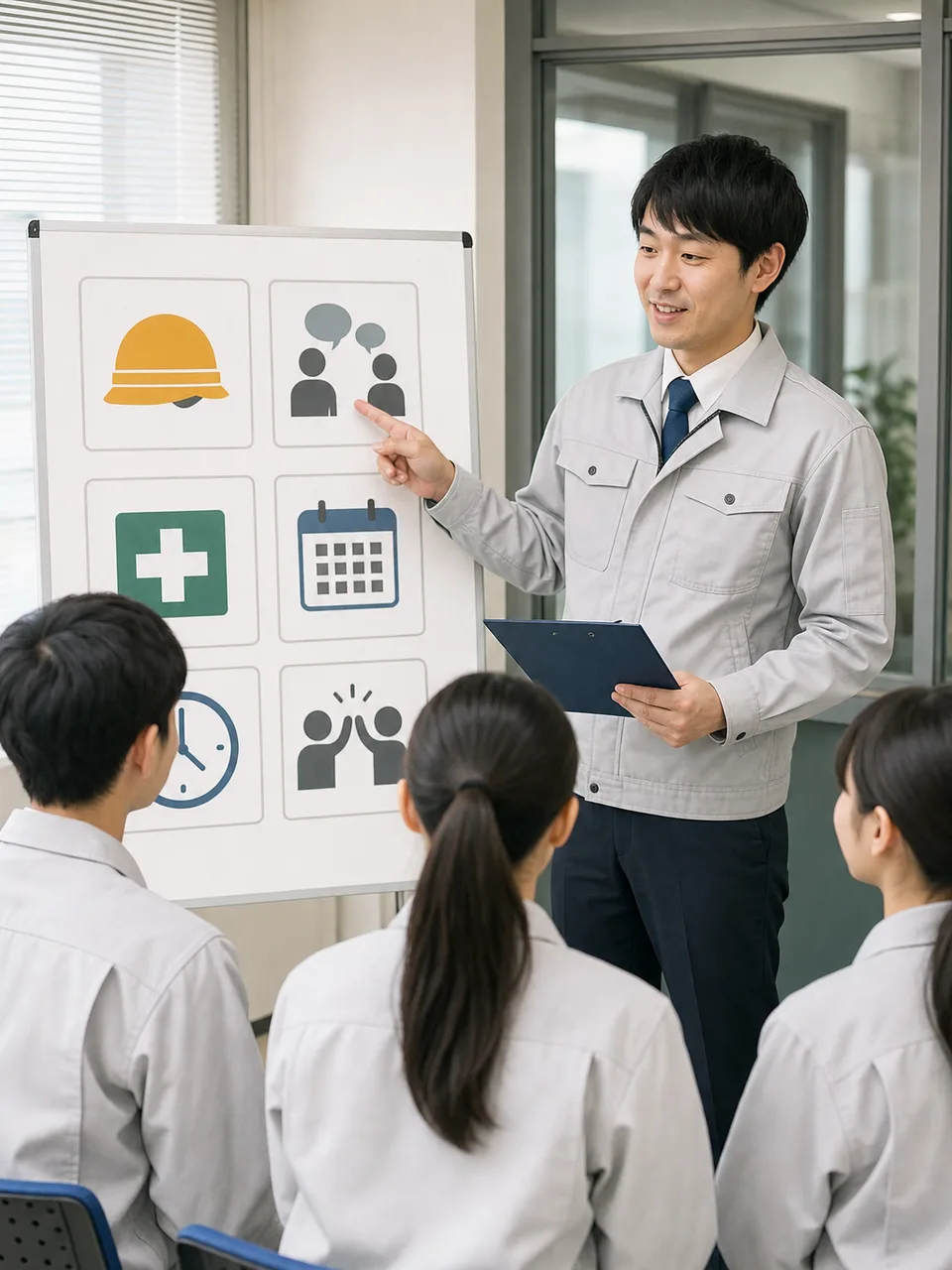 インターンシップ説明を受ける日本人学生（自然な縦位置写真）。インターンシップ、職場体験、大学生、就業体験の記事や案内に使える商用素材です。