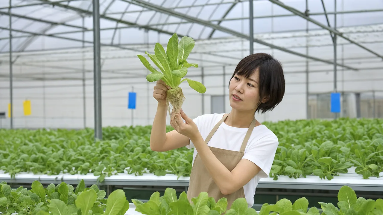ハウスで水耕栽培をする日本人農家（横長・コピースペース）。水耕栽培、施設園芸、ビニールハウス、スマート農業の記事や案内に使える商用素材です。