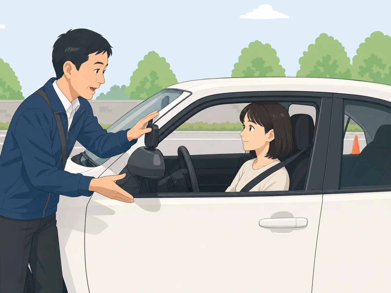 安全運転を教える日本人教習指導員（フラットイラスト）。自動車教習所、運転指導、安全運転の記事向け素材です。