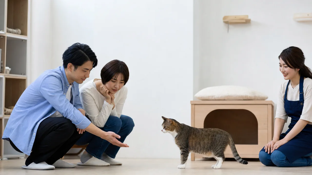 保護猫と出会う日本人（横長・コピースペース）。保護猫、里親、猫の譲渡、動物福祉の記事向け素材です。