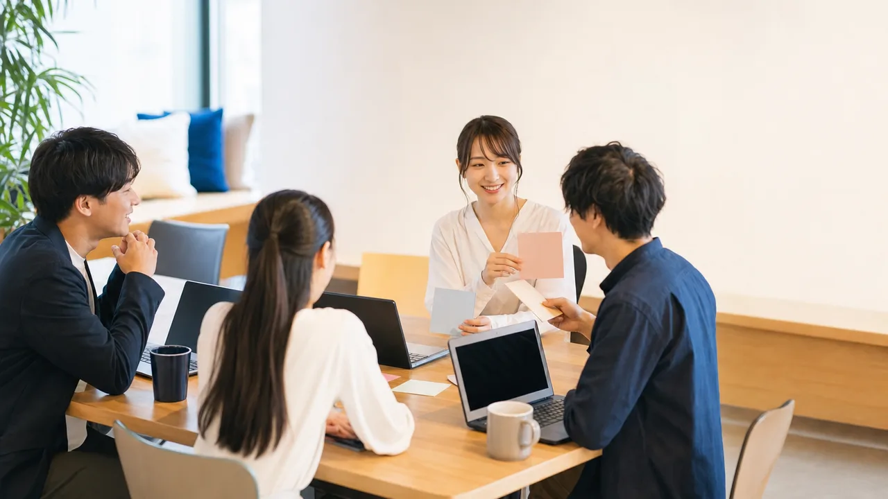交流する日本人コワーキング利用者（横長・コピースペース）。コワーキング交流会、ネットワーキング、コワーキング、フリーランスの記事や案内に使える商用素材です。