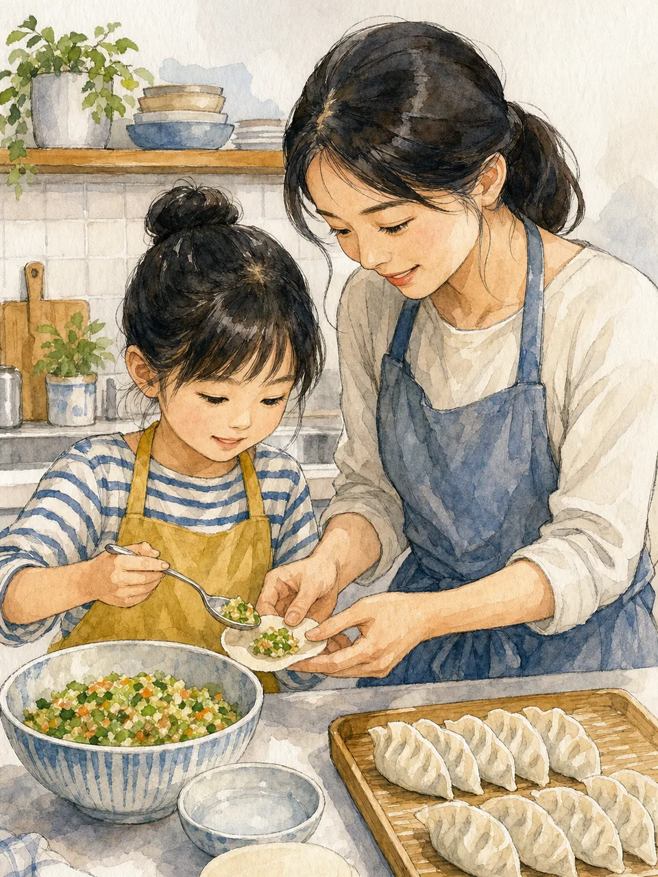 餃子を包む日本人家族（手描き水彩）。餃子、家庭料理、親子、食育の記事に使える素材です。