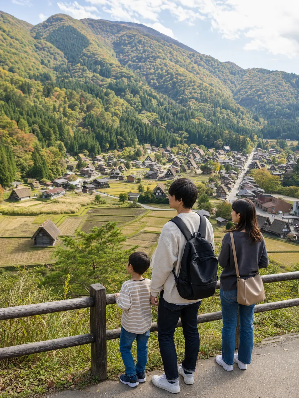 岐阜の山里を訪れる旅行者（自然な縦位置写真）。岐阜旅行、山里、合掌造り、中部旅行の記事や案内に使える商用素材です。