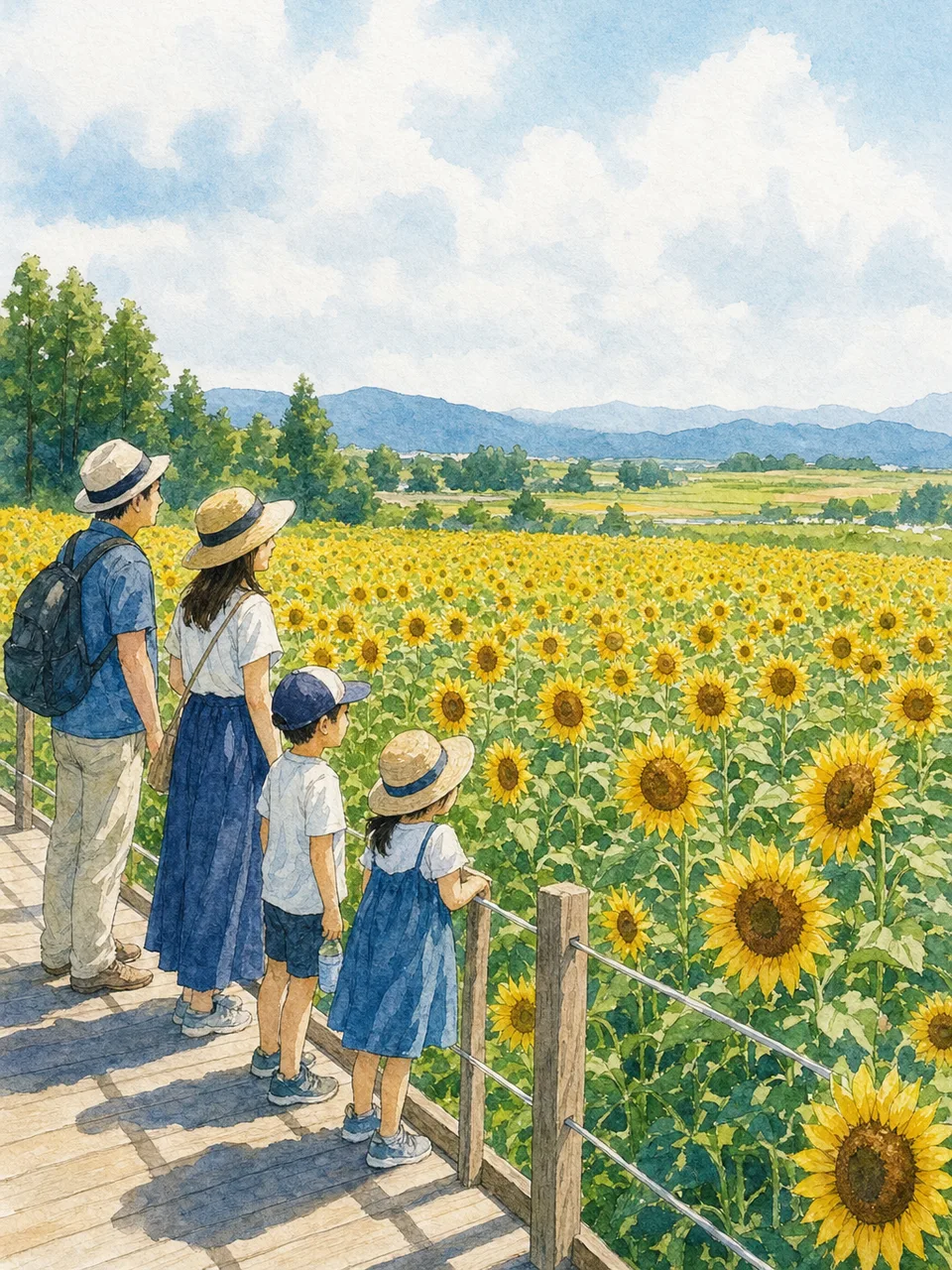 ひまわり畑を訪れる日本人（手描き水彩）。ひまわり畑、夏、花、国内旅行の記事に使える素材です。